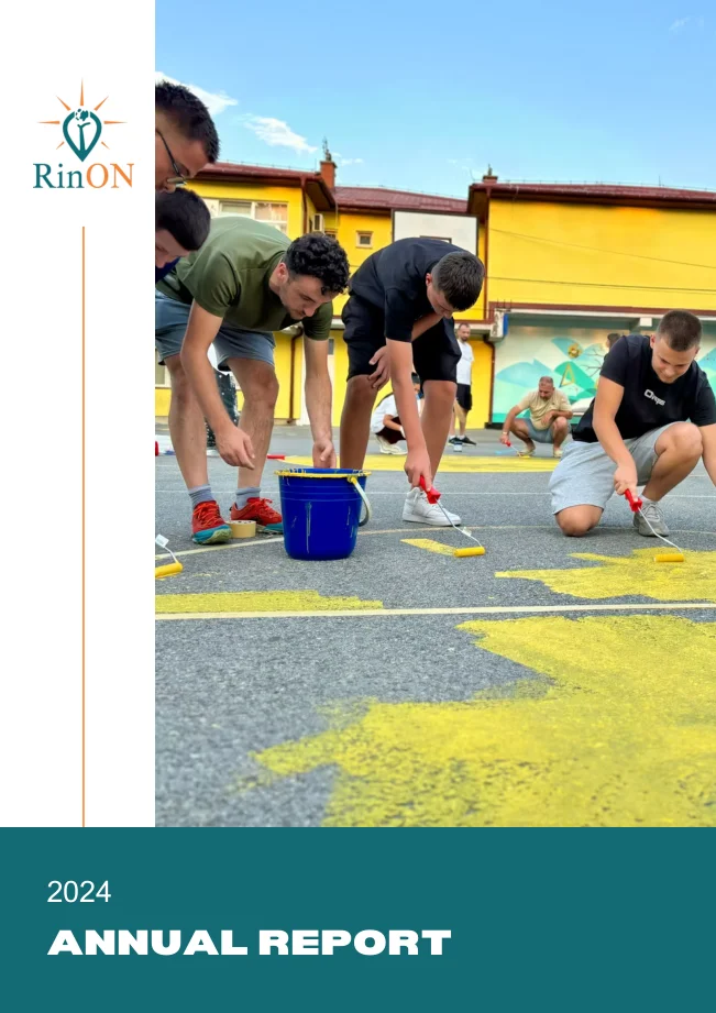 Rin’ON Annual Report 2024 cover showing the community painting the Balaj basketball court